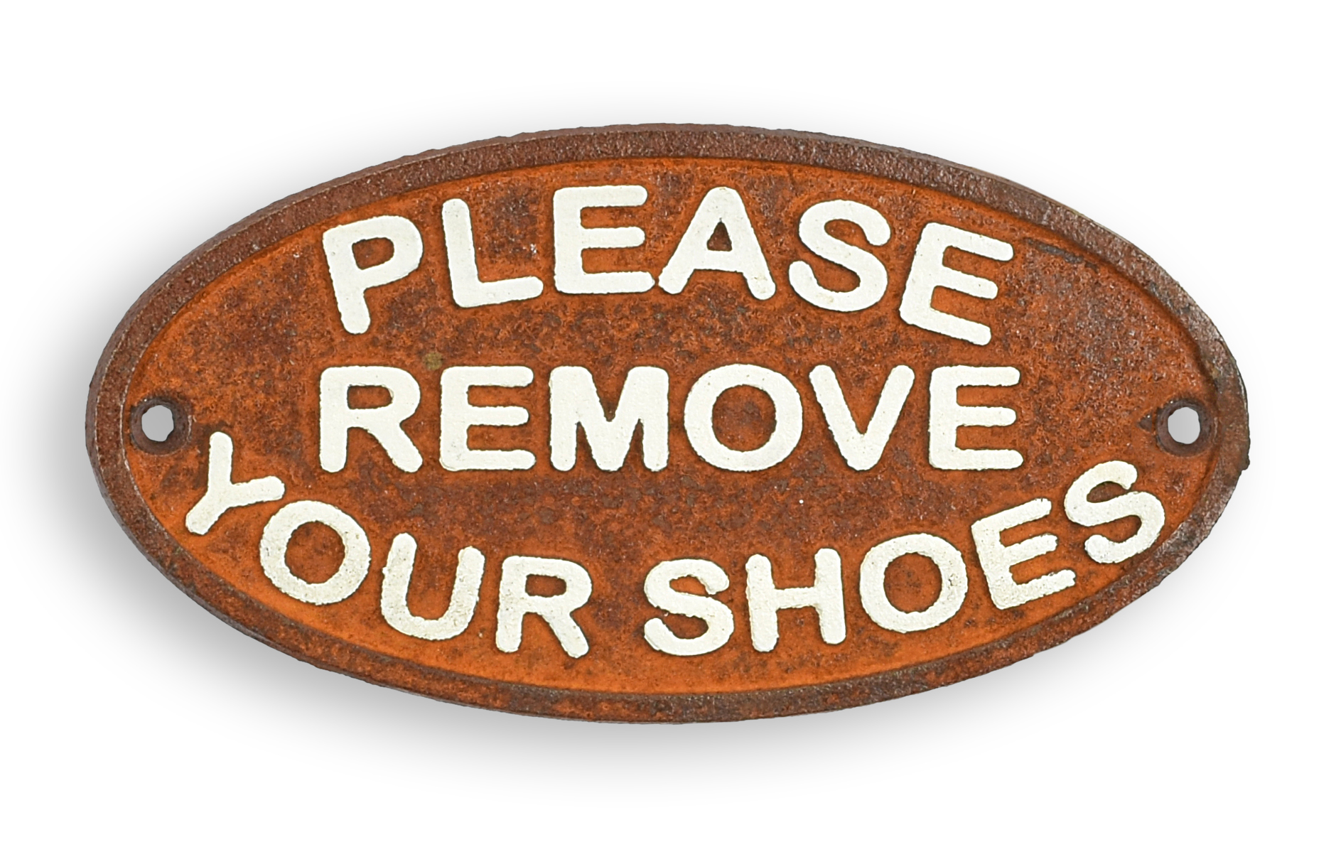 Een gietijzeren bordje met de tekst 'Gelieve uw schoenen uit te doen' replica retro ontwerp decoratie