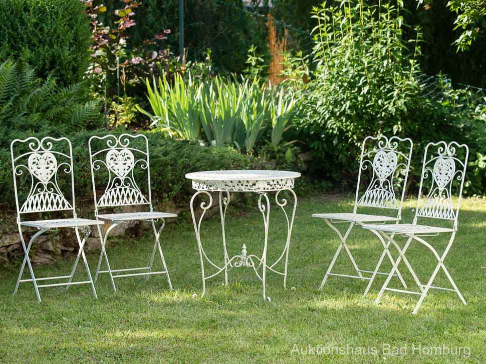 Gartentisch und 4 Stühle Eisen Bistrotisch antik Stil Gartenmöbel creme weiss