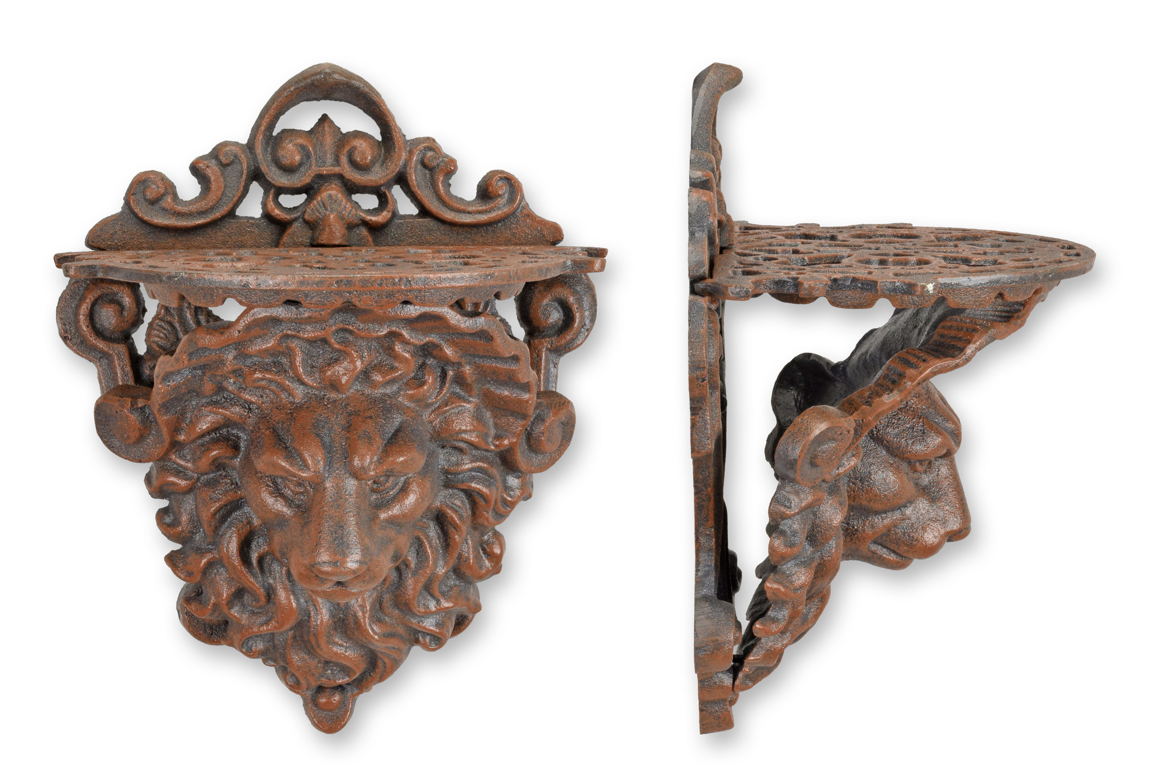 Een gietijzeren wandconsole met leeuwenkop - bruin replica retro ontwerp decoratie Bronze, Holz, Schwert, Kreuz, Gesicht