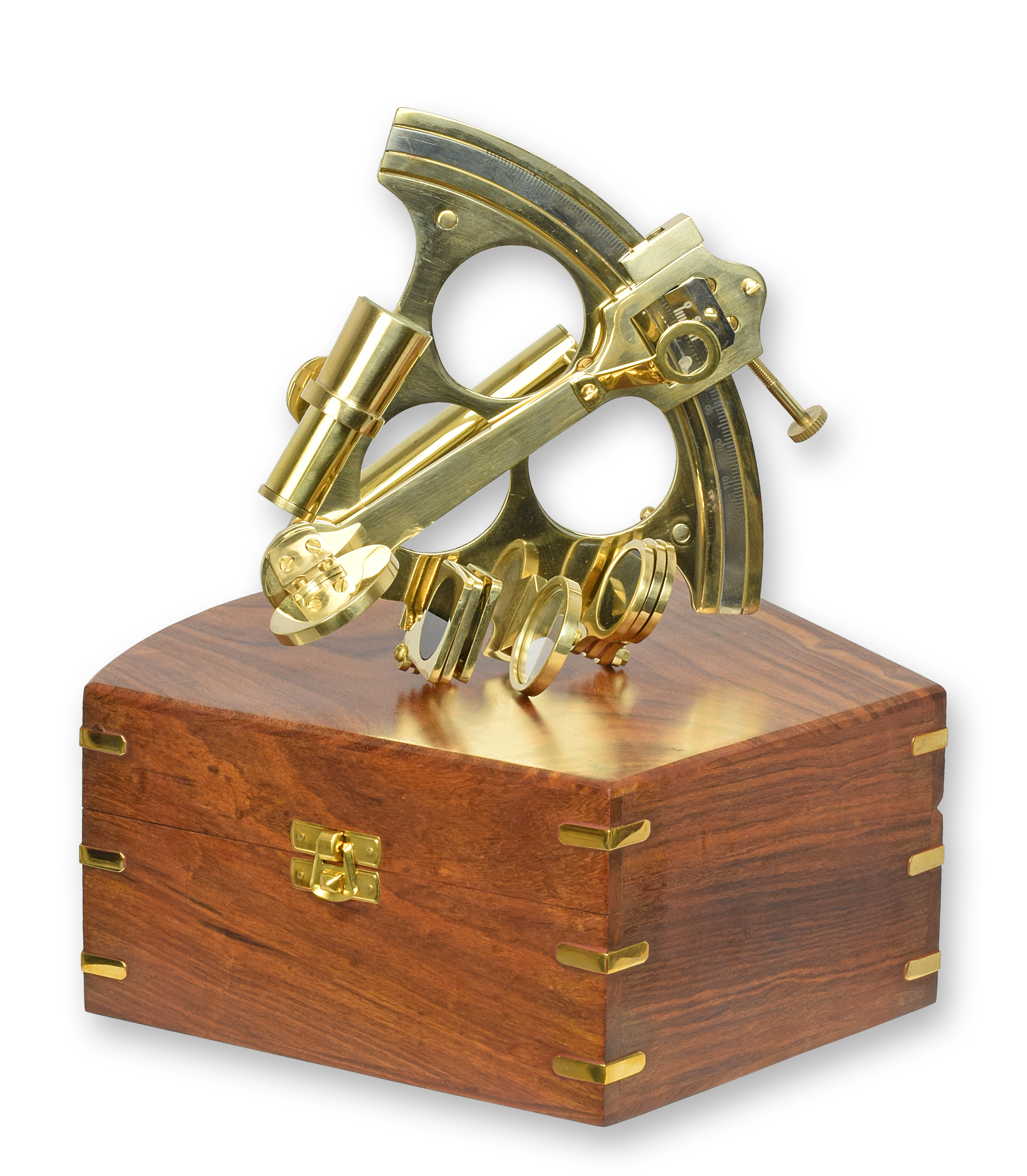 Een koperen sextant in een houten kist replica retro ontwerp decoratie