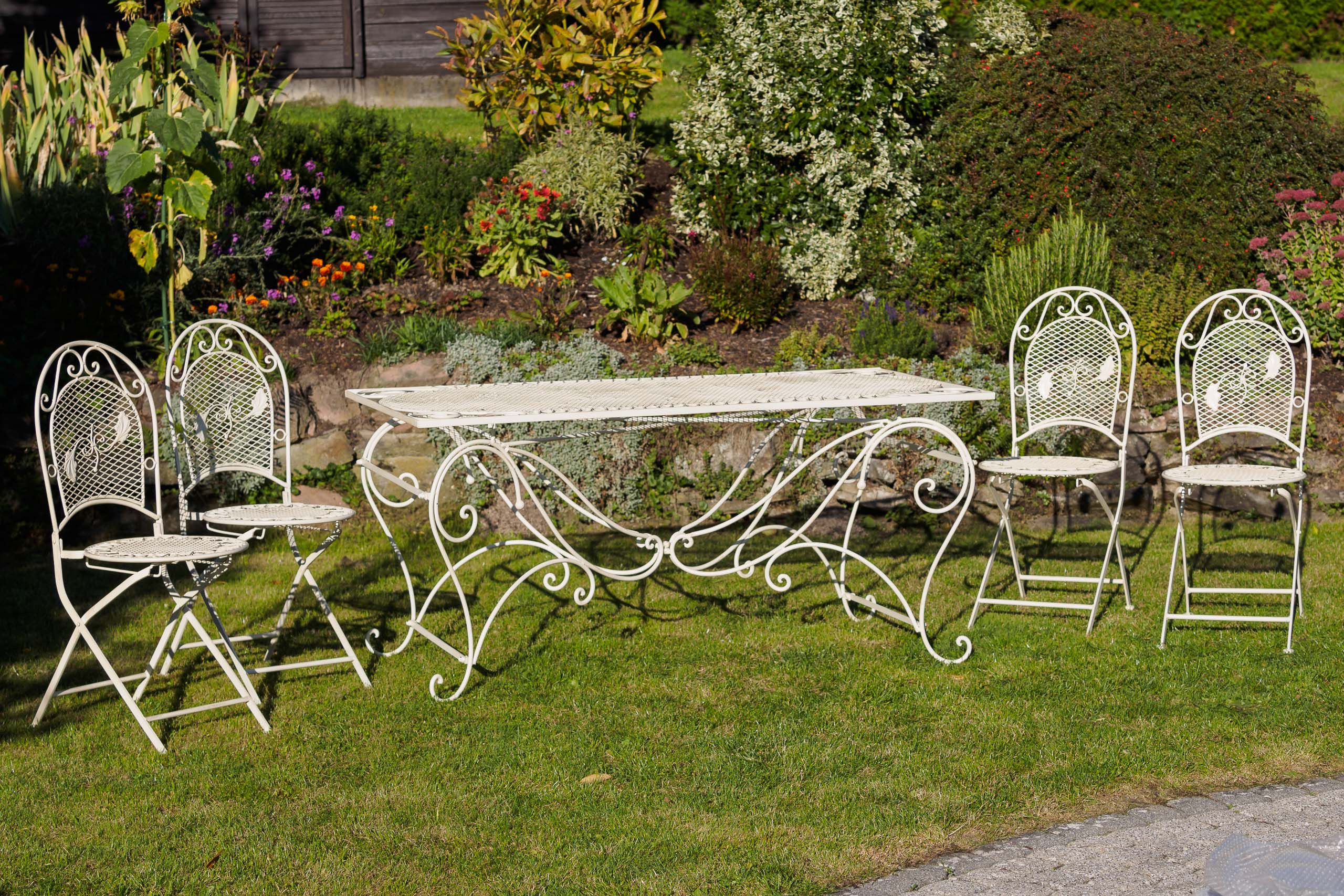 XXL Gartentisch + 4 Stühle Eisen Gartenmöbel antik Stil creme weiß furniture