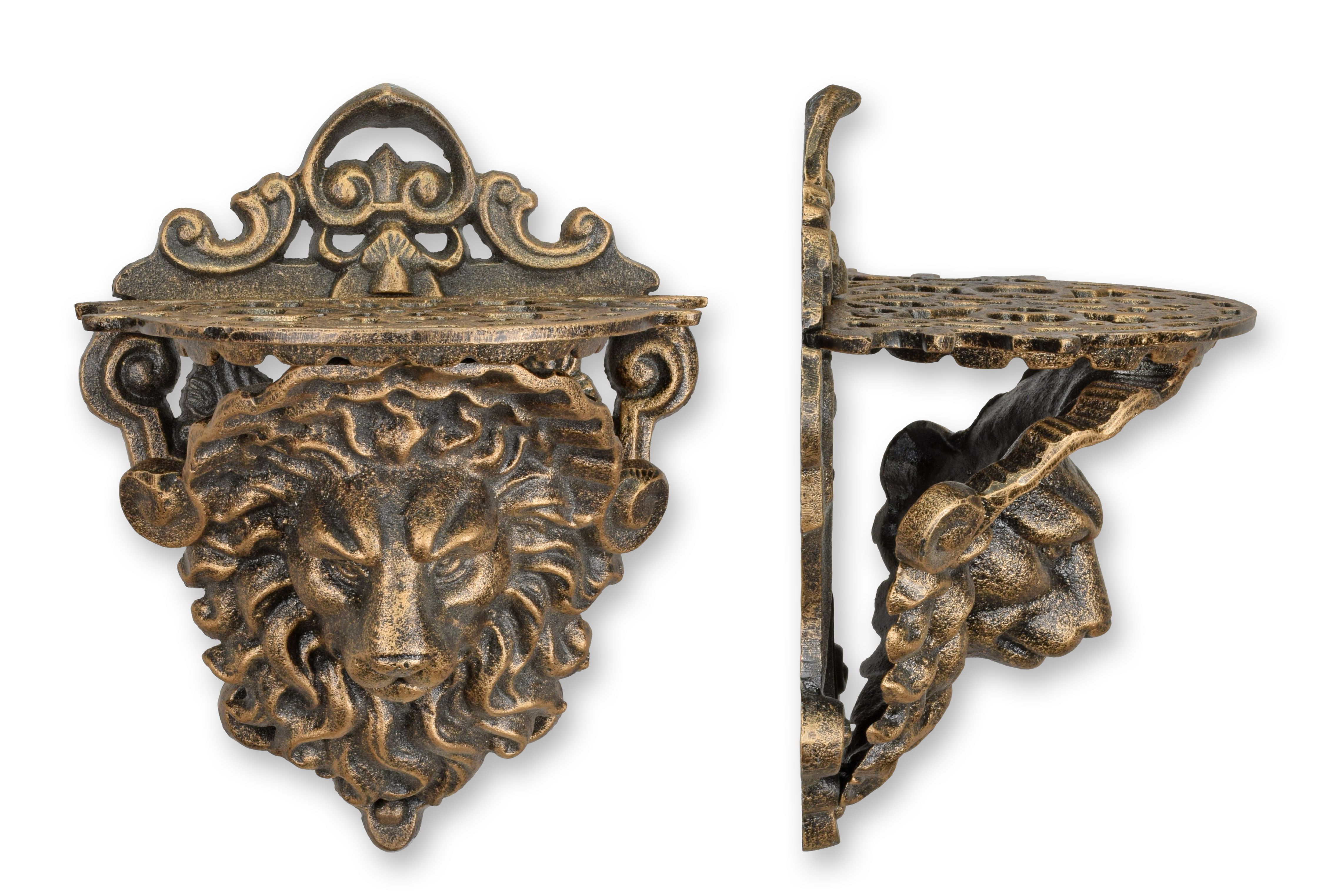 Een gietijzeren wandconsole met leeuwenkop - bronskleurig replica retro ontwerp decoratie Bronze, Gesicht, Kopf, Person