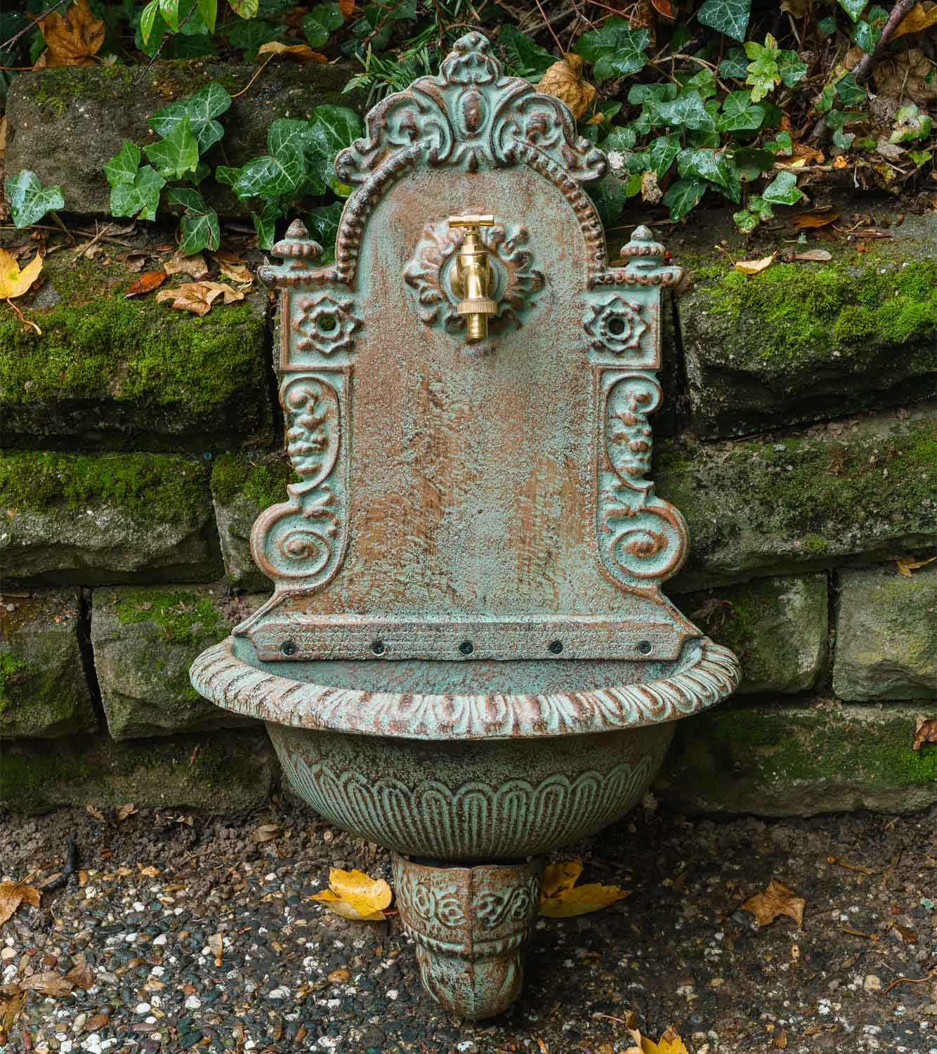 Waschbecken Wandbrunnen Garten Eisen Antik-Stil Brunnen 80cm grün