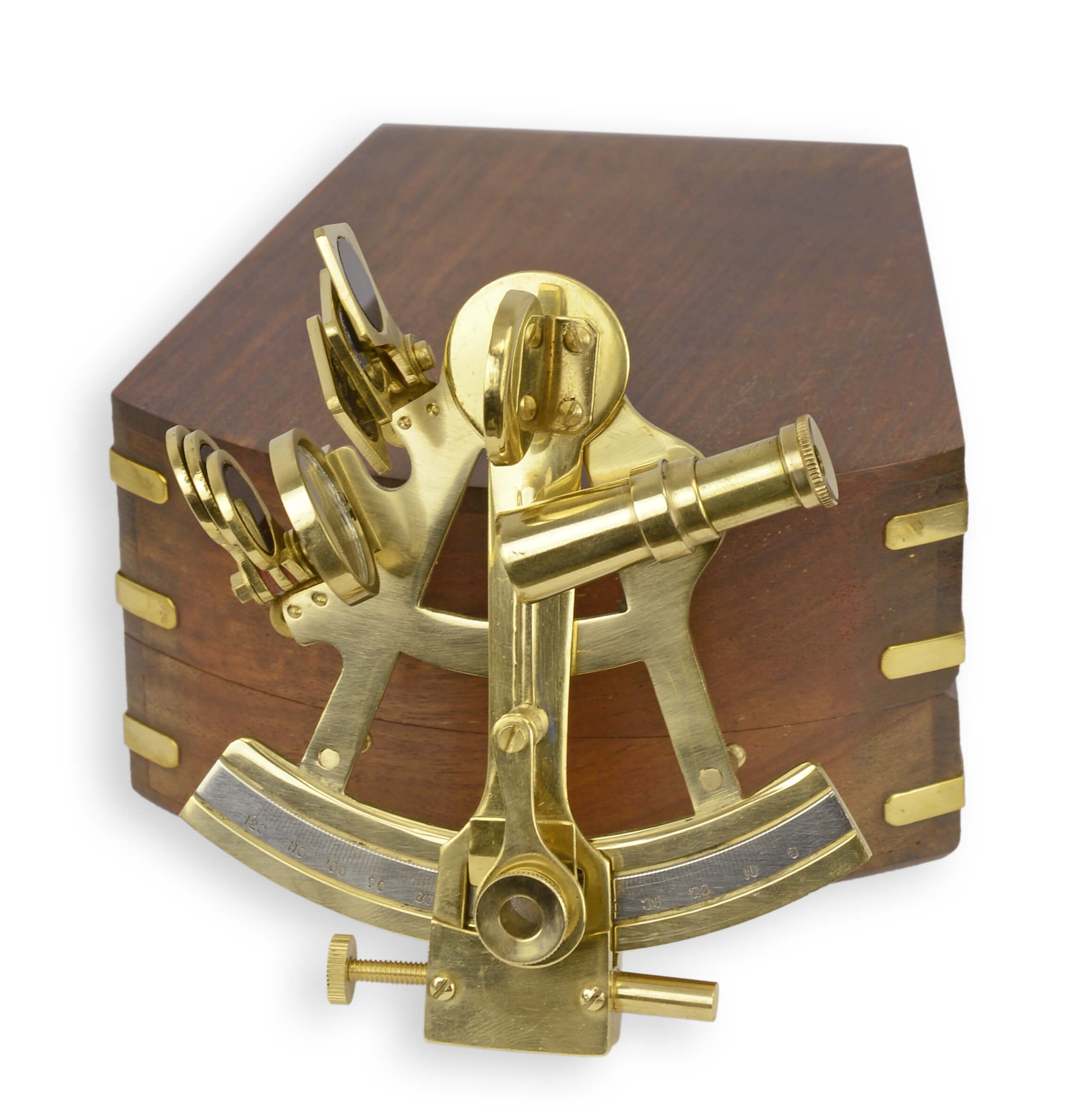 Een bras-sextant in een houten kist replica retro ontwerp decoratie