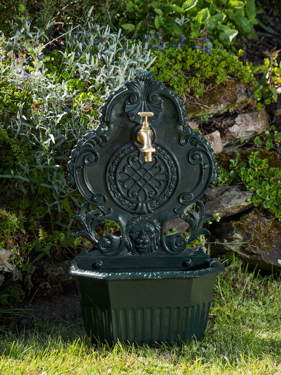 Waschbecken Löwe Wandbrunnen Garten Alu Becken Brunnen Grün antik Stil