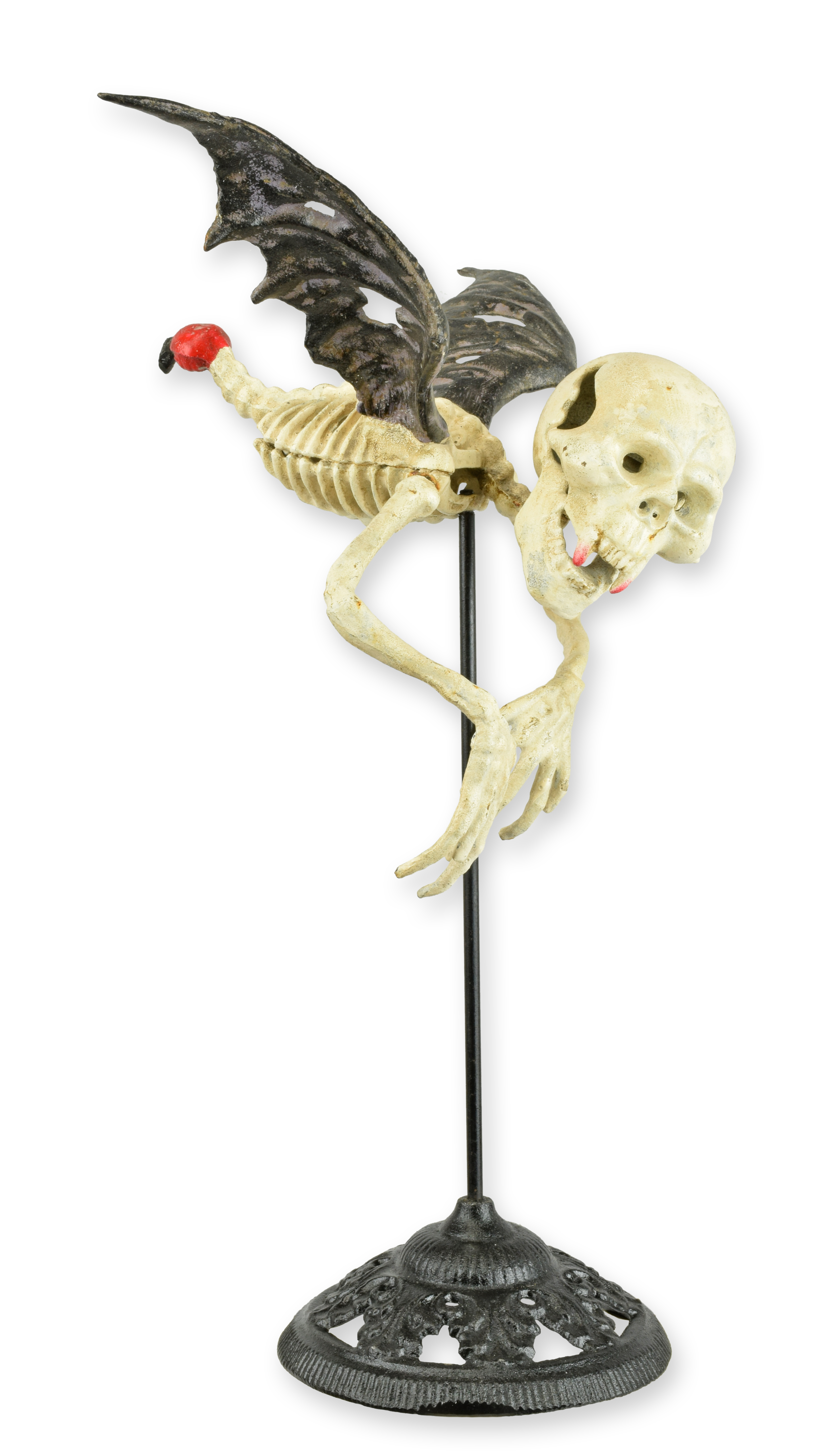 Een gietijzeren vliegende skeletvampier op standaard replica retro ontwerp decoratie