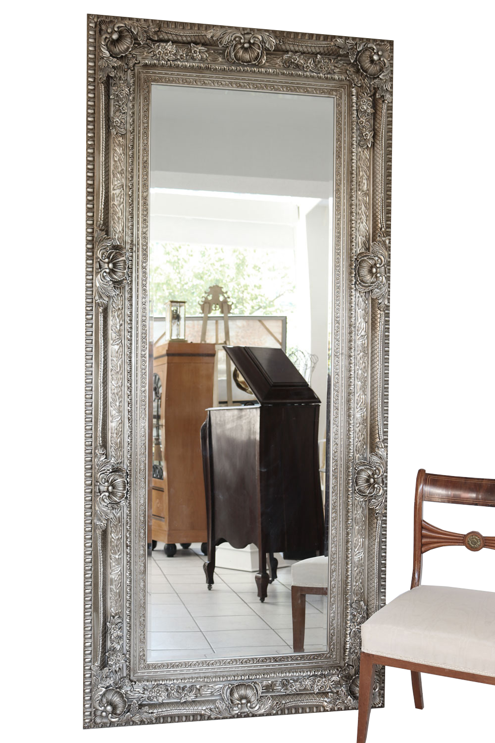 Spiegel Wandspiegel Antik-Stil Facettenschliff 219x98cm Farbe silber Holzrahmen