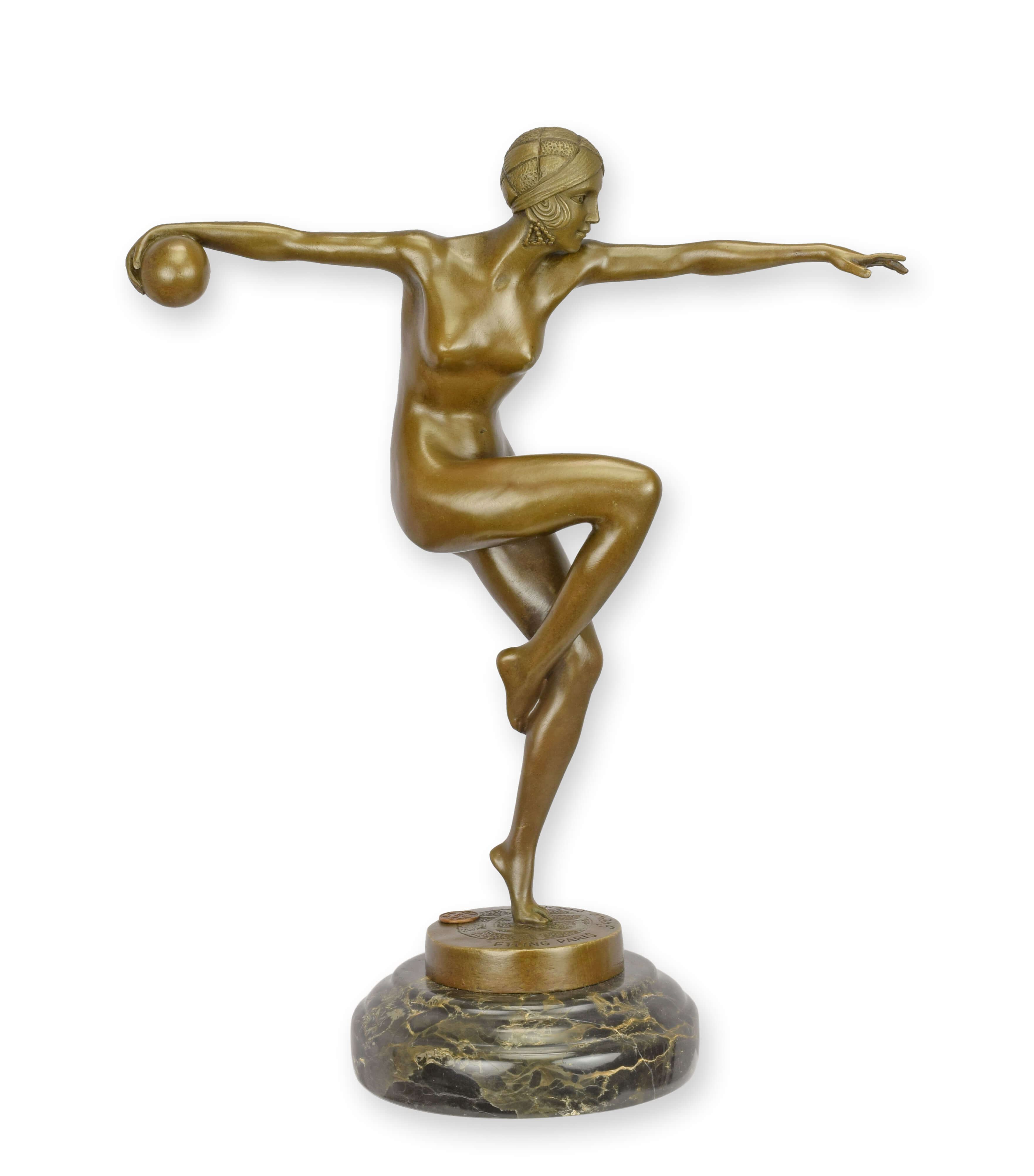 Bronze Statue, Tänzerfigur, Athletische Silhouette, Art Deco Stil, Marmorbasis